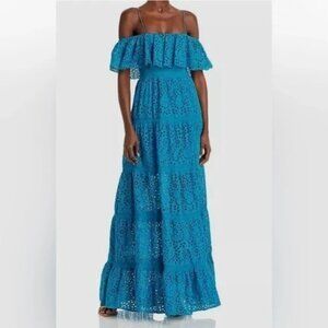 NWT Alice + Olivia Kia Smocked Cold Shoulder Maxi Dress, Ocean Blue Retail $695